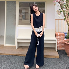 韩版撞色拼接背心休闲裤套装女2025夏季新款气质显瘦度假风两件套，女装套装/套裙，维壹