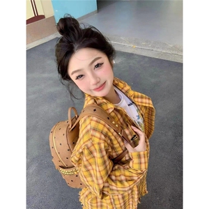 韩系黄色格子流苏衬衫外套女春秋2025新款设计感小众长袖衬衣上衣图片