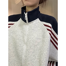抖音得物高品质26春装美式高街重磅织带拼接撞色立领卫衣外套CM41，女装短外套，电商A486