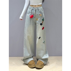 AK2480-P55美式早春新款版阔腿直筒裤女可爱卡通毛巾绣牛仔裤，女装休闲裤，星座617A-2