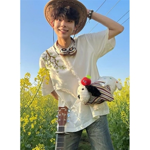 罗汉松刺绣短袖男夏季新款字母花卉重磅T恤潮牌情侣半袖 T142图片