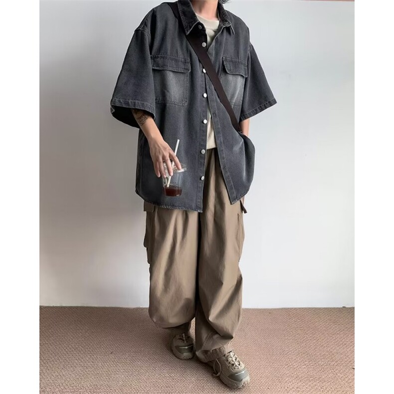 夏日系水洗做旧短袖牛仔衬衫男女生复古工装衬衣外套潮~C484-p52,男装T恤,星座601-2
