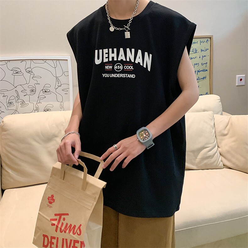 抖音供货、180克现货全棉印花背心宽松无袖T恤D223A-BX2203-P20，男装背心/马甲，电商019-1