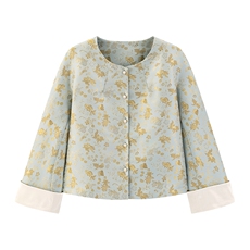 在仓~2026年春季新中式宽松纽扣真口袋通勤圆领人丝烫金长袖外套，女装短外套，新依时派