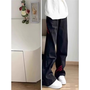 红色条纹拼接牛仔裤新款cleanfit宽松直筒微喇裤 网图 BN419-P43图片