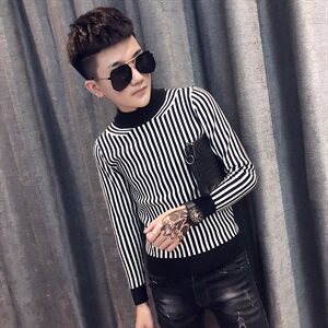 社会精神小伙半高领毛衣修身条纹针织衫线衣 502-MY09-特图片