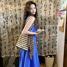 蓝色无袖背心连衣裙女2025夏季设计感小众木耳边拼接超仙显瘦长裙，女装连衣裙，2C166
