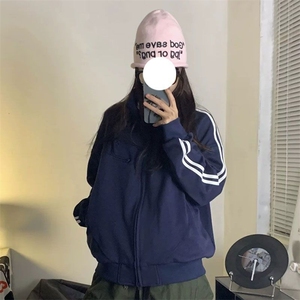 美式小众双拉链开衫立领卫衣女2025春秋新款宽松百搭双杠分割外套图片