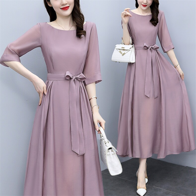 时尚天丝连衣裙女2025年夏季新款气质收腰高级感长款薄款法式裙子，女装连衣裙，关键词