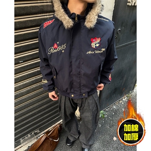 现货高品质美式高街重磅刺绣座山雕大毛毛领棉衣男女加厚棉服外套,男装棉衣,电商A486-1