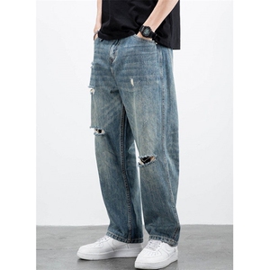 痞帅水洗复古做旧破洞牛仔裤男直筒宽松百搭高街哈伦裤子 NK810图片