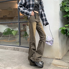 铁锈黄高腰弹力微喇牛仔裤男女水洗褶皱设计喇叭长裤子YD2126-P60，女装休闲裤，星座509