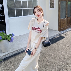 字母印花短袖露肩t恤套装裙女夏季2025新款休闲减龄半身裙两件套，女装套装/套裙，2C269