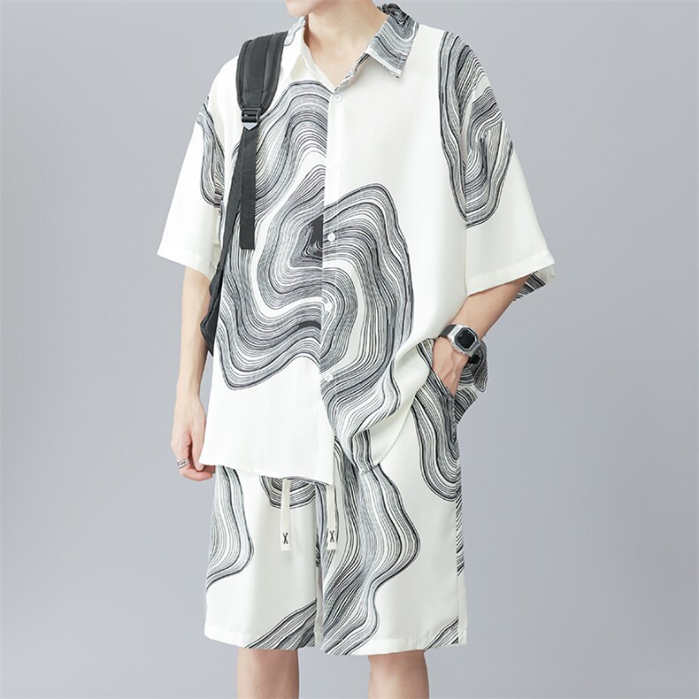 夏季大码薄款垂感冰丝短袖衬衫短裤男休闲宽松两件套装TZ068-P65,男装休闲套装,电商A082