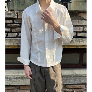 新款！高质量简约永生花刺绣衬衫男小众设计高级感长袖上衣C6712,紫色衬衫搭配灰色裤子图片