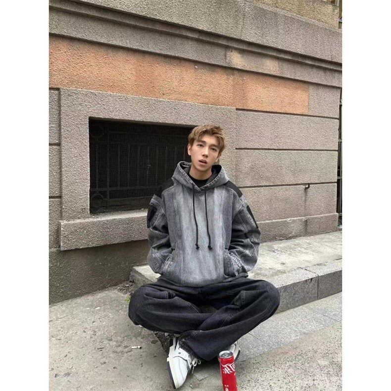 【有货】拼接牛仔卫衣男款春秋高级感痞帅水洗夹克JK8622HH-特P75,男装夹克,星座1007（原301D）