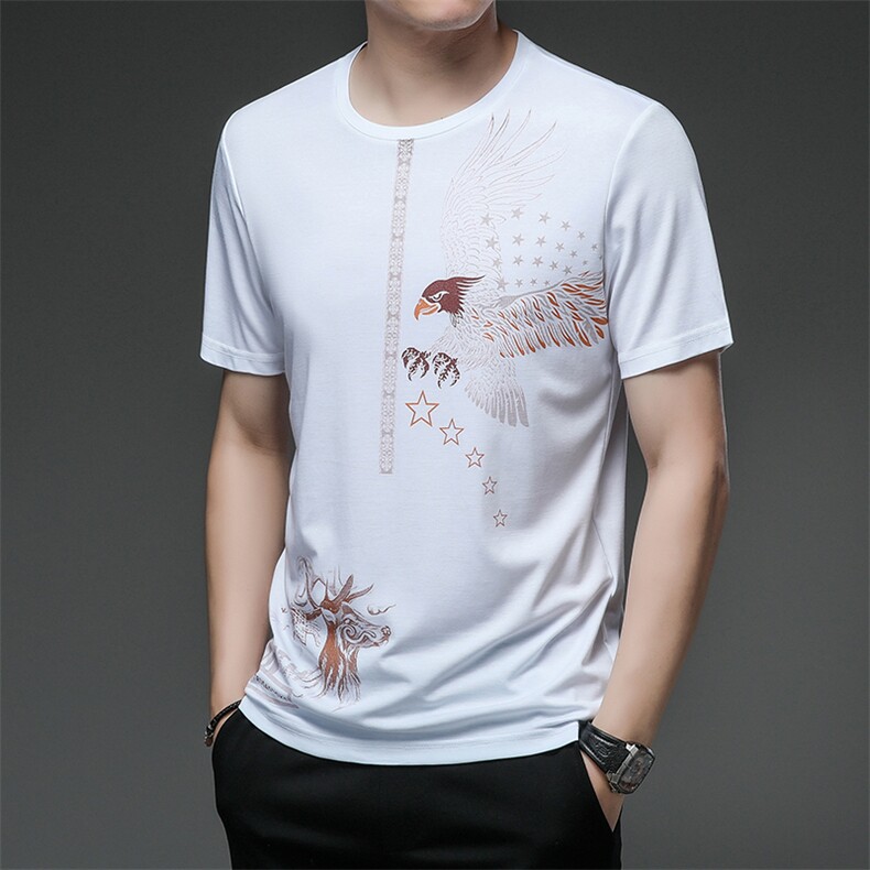 夏季青年男士短袖T恤丝光棉圆领休闲印花冰丝中年男上衣半袖P34，男装T恤，钱塘6003A(原)4033A