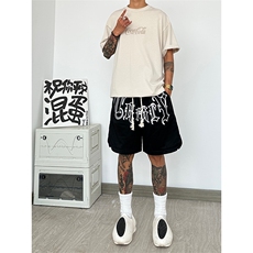 美式高街hiphop短裤男款夏季潮牌涂鸦篮球运动裤大码痞帅五分裤子，男装牛仔裤，星座417-3