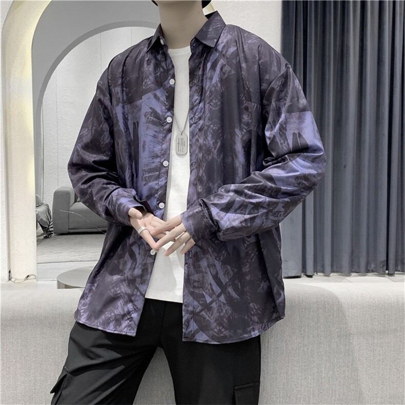 男新款长袖衬衫港风日系满身印休闲外套C002P32图片