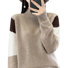 秋冬新款羊毛半高领撞色宽松毛衣，女装羊毛衫，秋虹羊绒