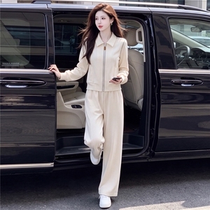 韩系女春秋新款套装时尚洋气休闲减龄翻领开衫外套阔腿长裤两件套图片 韩系女春秋新款套装时尚洋气休闲减龄翻领开衫外套阔腿长裤两件套图片