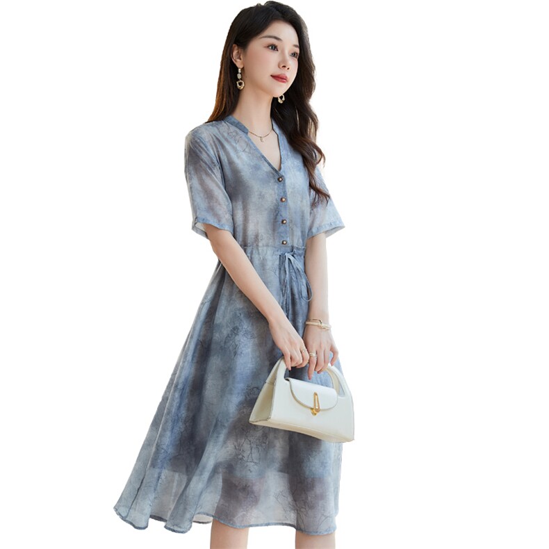 连衣裙女夏2024新款欧货宽松大码抽绳收腰显瘦a字中长款裙子,女装连衣裙,韩蔻秀
