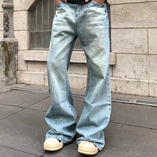 25美式复古做旧冰蓝色微喇显瘦牛仔裤宽松直筒百搭高街裤G016P50，男装牛仔裤，电商D256-2(原A064-2)
