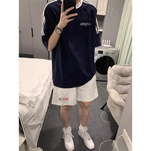 夏季美式高街重磅纯棉三条杠织带撞色男女短袖T恤ZD333-特P30图片