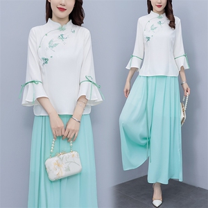 芷墨新款时尚复古俩件套套装中式盘扣上衣裤子套装改良日常汉服女图片
