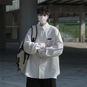 潮原宿青春流行百搭简约潮流男春季日系长袖方领新款衬衫J586P43图片