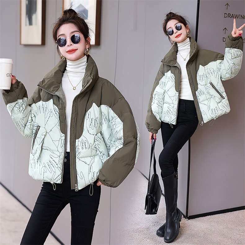 2024年冬季新品短款小个子印花立领宽松百搭面包服白鸭绒羽绒服，女装羽绒服，火爆靓佳人