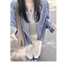 TC660-p45蓝色格子条纹长袖衬衫女2026春秋新款慵懒风衬衣，女装衬衫，星座617A-2