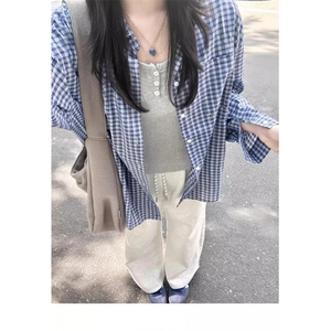TC660-p45 蓝色格子条纹长袖衬衫女2026春秋新款慵懒风衬衣图片