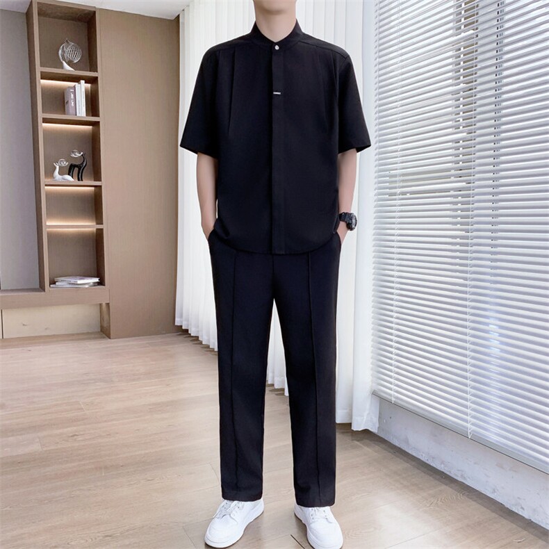 2025夏季新款套装高级感冰丝短袖衬衫休闲透气上衣长裤两件套图片