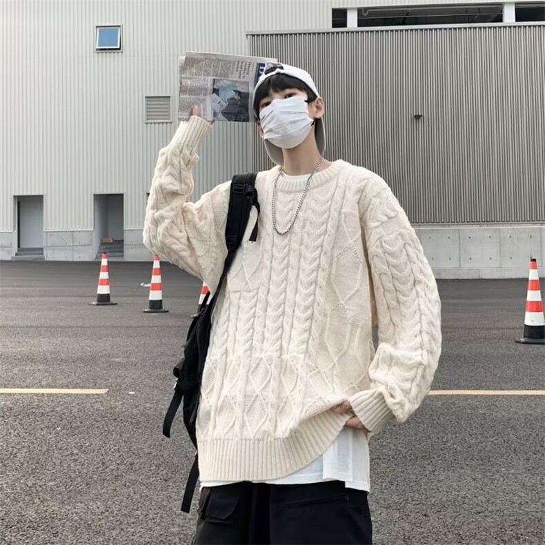 圆领麻花套头毛衣鹿毛绒秋冬外穿复古宽松慵懒风针织衫M7118,男装针织衫/毛衣,星座1116A-1（原606A）