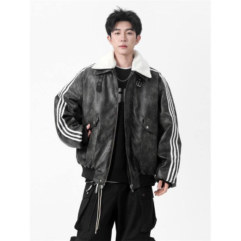 自拍无影墙男模品质pu皮保暖三条杠棉衣KD188-P145,男装皮衣,电商A466
