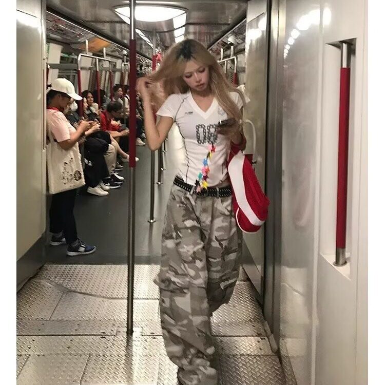 美式复古灰迷彩工装裤男女设计感宽松显瘦多口袋百搭阔腿休闲裤图片