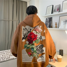 抖音品质美式复古玫瑰印花宽松麂皮绒连帽卫衣JK23389特批43-控69，男装卫衣，星座605(原A050)