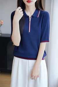 拼色POLO领休闲天丝针织短袖T恤女2025夏季时尚洋气小衫薄款上衣图片