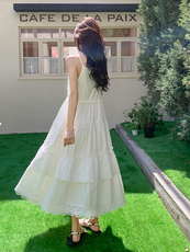 法式温柔风白色吊带连衣裙女2025夏季新款度假风直筒显瘦V领长裙，女装连衣裙，浙宝276（原081）