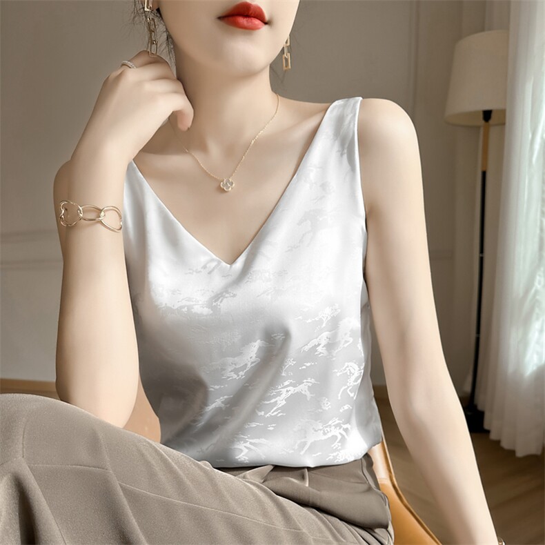 高级感真丝吊带背心女内搭醋酸上衣打底设计感提花V领背心配西装，女装背心吊带，素语电商供货