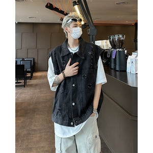 美式水洗牛仔马甲男潮牌宽松百搭痞帅做旧无袖坎肩外套MJ80-P55图片