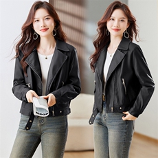 欧货皮衣外套女西装领机车服女士2023秋季新款pu皮夹克短款上衣潮，女装棉衣/棉服，江南女神