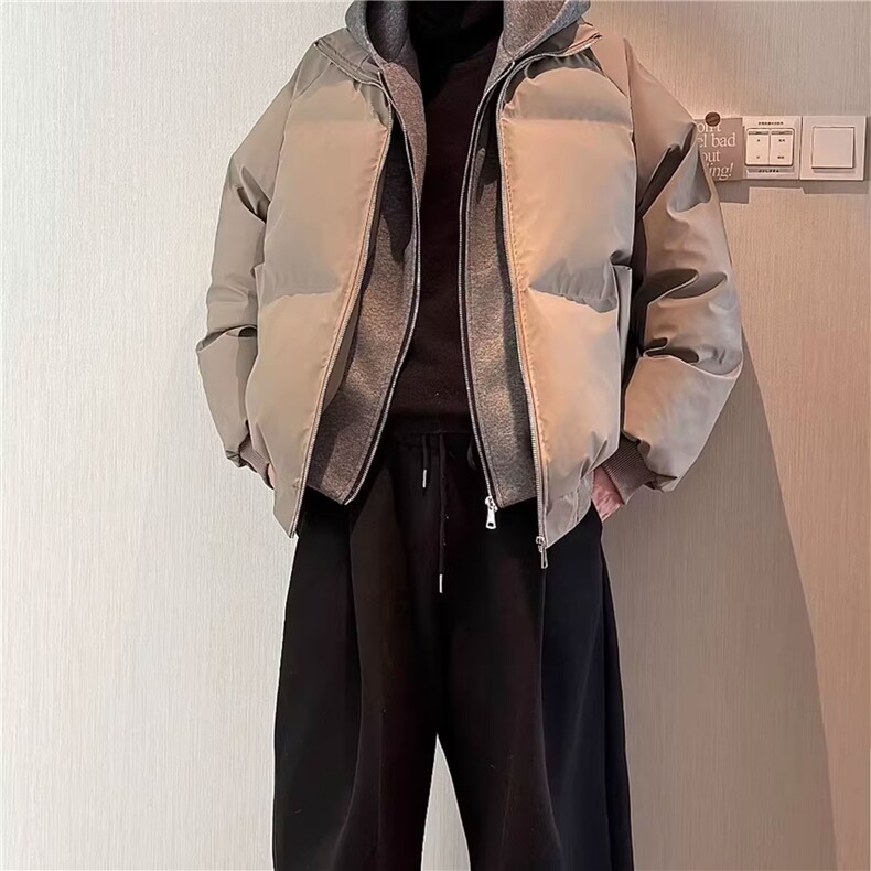 网图美式假两件pu皮短款棉服男款冬季加厚工装棉袄连帽外套特P78,男装皮衣,星座1811B