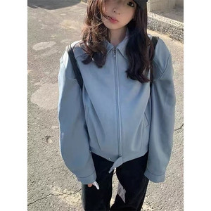 网图~cleanfit冰川蓝春季短款垫肩翻领皮衣夹克外套男JK2577批90,休闲款无领呢子衣如何搭配图片
