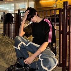 抖音得物品质二开240克宽松纯棉美式潮牌印花三条杠中性风短袖T恤，男装T恤，电商A486-1