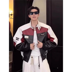 现货 秋季宽松PU皮撞色立领机车服夹克JK8574/P75图片