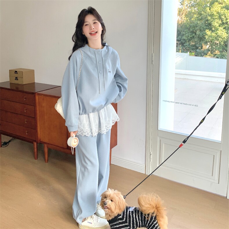 休闲穿搭假两件蓝色卫衣套装女春秋超火好看高级小众阔腿裤两件套,女装套装/套裙,2C037