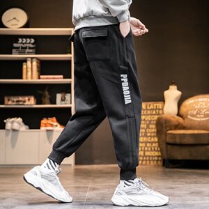 2021春季新日系大码男条纹印花束脚九分休闲裤运动卫裤K69P40图片