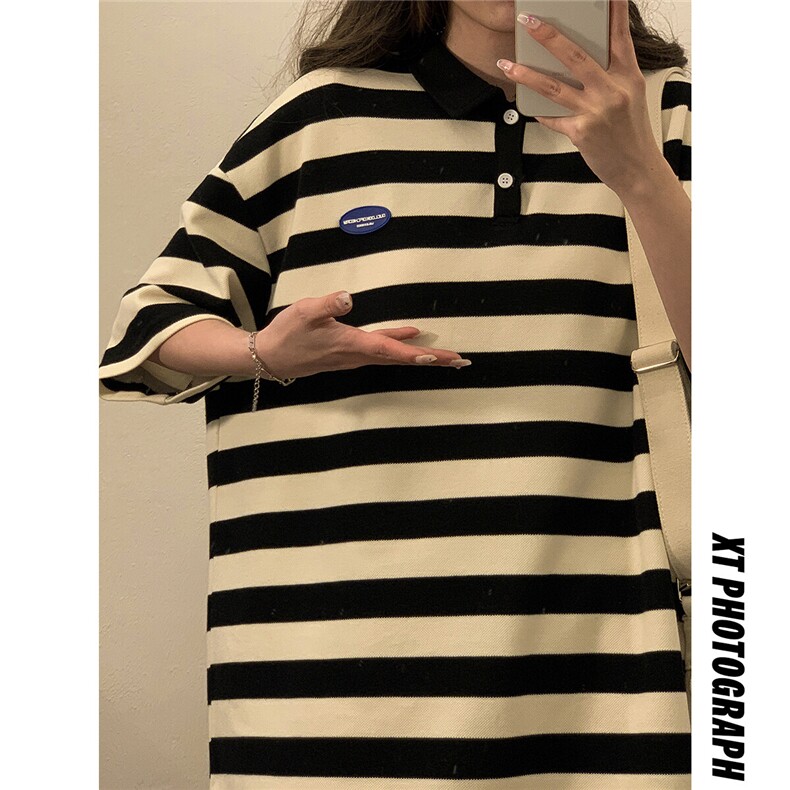 1中性风大码M-5XL美式条纹polo衫女翻领短袖T恤男DP8761P40控59,男装T恤,星座226-2